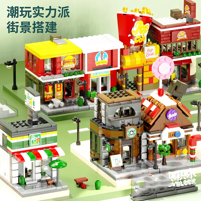 City Street View Shop Market Model Building Blocks Set